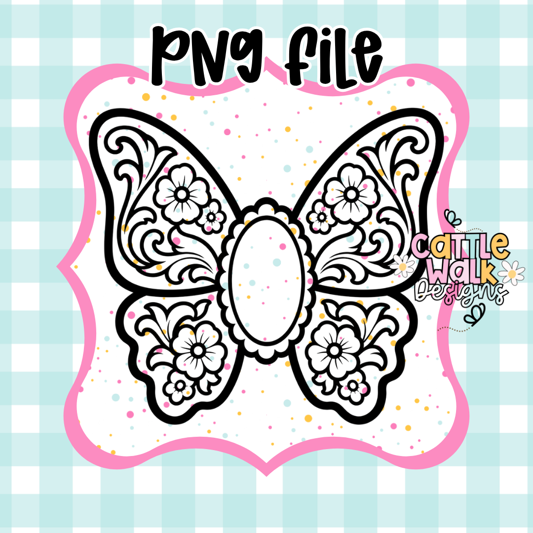 Western Butterfly Concho PNG | Floral Tooled Butterfly Design | CWD-Style Thick Bold Outline | Cowgirl Freshie & Mold Friendly