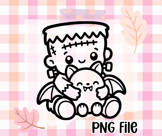 Cute Frankenstein & Bat PNG | Thick Black & White Outline | Freshie Mold Friendly | Digital Download
