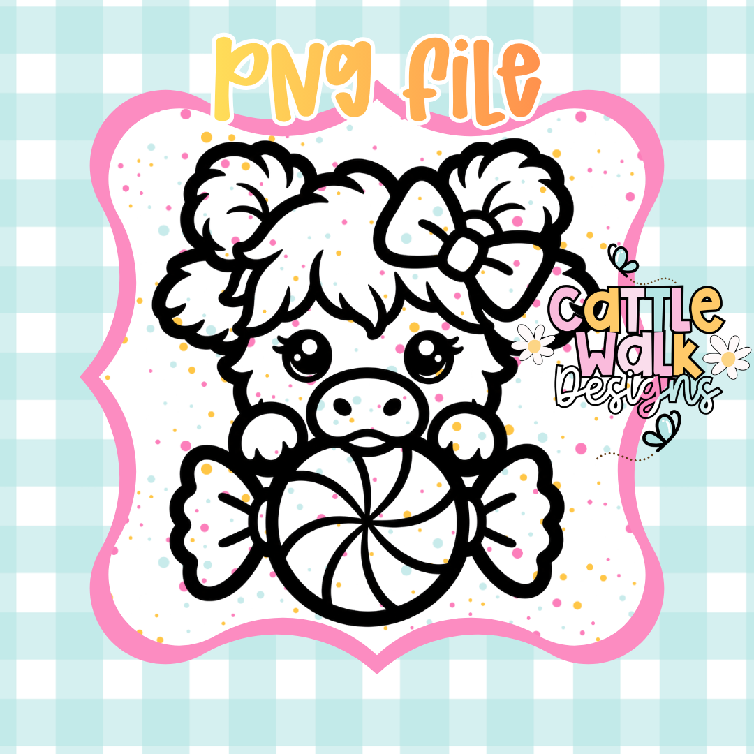Cute Highland Cow with Peppermint Candy PNG | Christmas Winter Sublimation Design | Digital Download