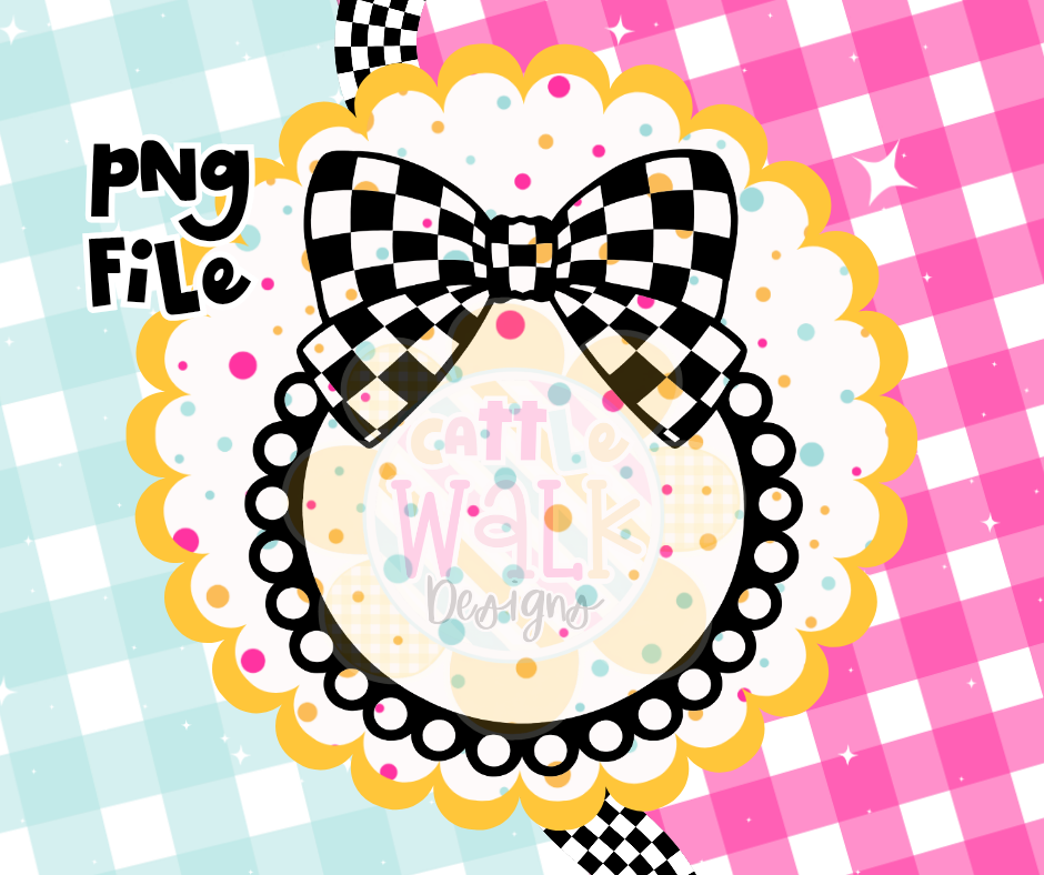 Checkered Bow Frame PNG | Beaded Circle Border | Coquette Retro Frame | Digital Download