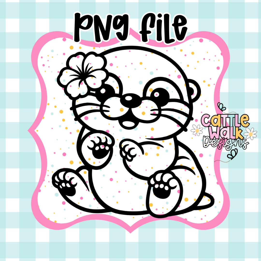 Baby Otter PNG File with Hibiscus Flower | Thick Bold Outline | Mold Maker Friendly | Digital Download (No STL Resale)