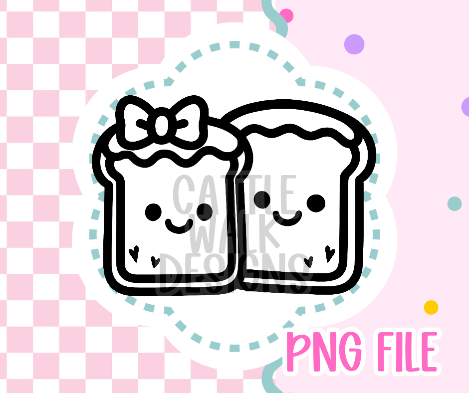 Kawaii Toast Couple Outline PNG – Cute Matching Bread with Bow