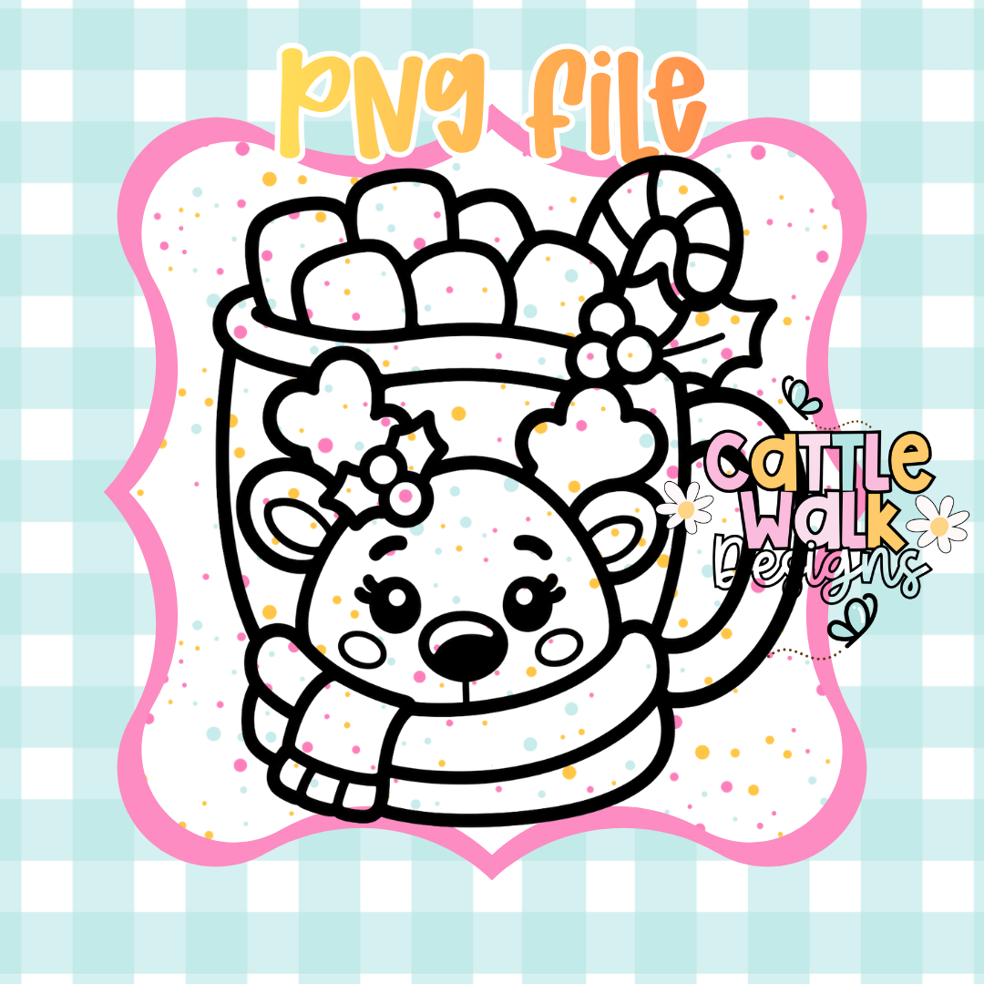 Cute Reindeer Hot Cocoa PNG | Christmas Marshmallow Mug | Kawaii Holiday PNG | Digital Download | Freshie PNG | Sublimation Design