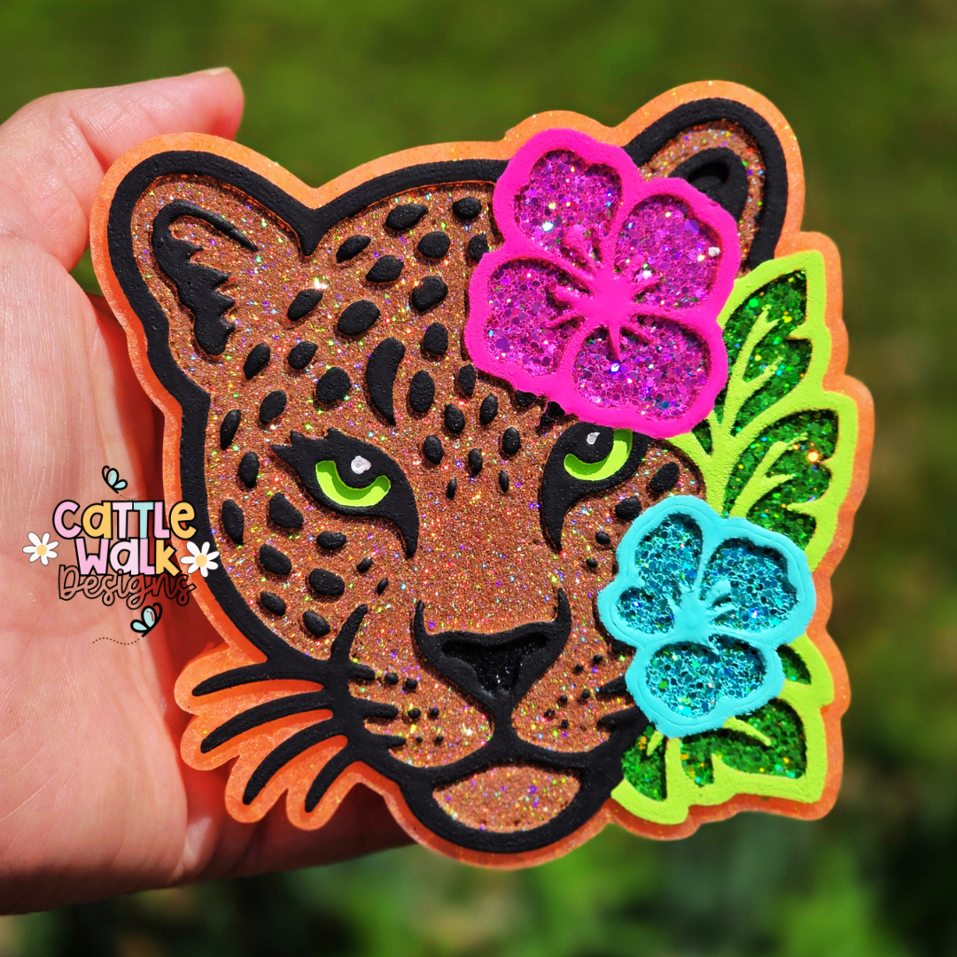 Neon Leopard Freshie | Pandora Skies Scented Car Freshie | Tropical Leopard Glitter Freshie