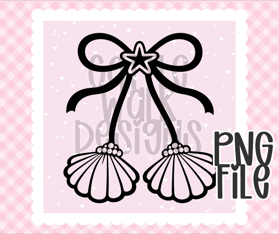 Coquette Bow with Seashells PNG | Beach & Ocean Design | Bold Black & White Outline | Freshie & Craft PNG