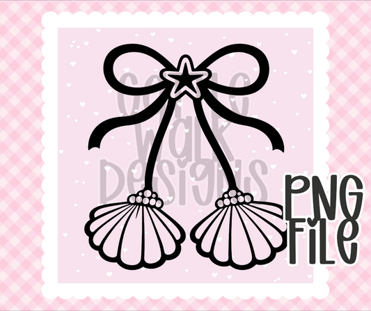 Coquette Bow with Seashells PNG | Beach & Ocean Design | Bold Black & White Outline | Freshie & Craft PNG