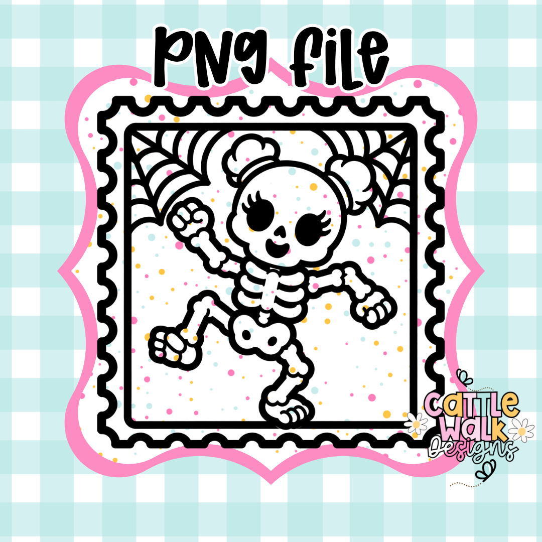 Dancing Skeleton PNG | Kawaii Skeleton Girl PNG | Halloween Stamp Frame PNG | Spooky Cute Freshie & Sublimation Design