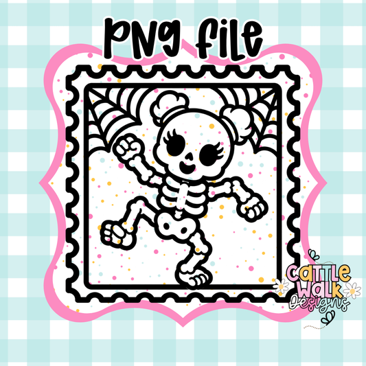 Dancing Skeleton PNG | Kawaii Skeleton Girl PNG | Halloween Stamp Frame PNG | Spooky Cute Freshie & Sublimation Design