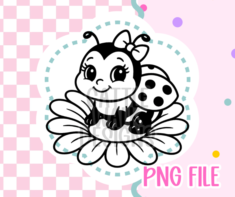Ladybug Girl Outline PNG – Cute Ladybug Sitting on Flower with Bow