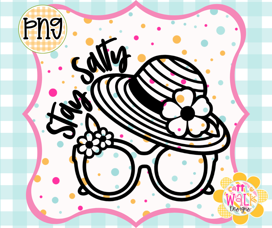 Stay Salty PNG | Beach Hat & Sunglasses Summer Design | Bold Outline Freshie Digital Download