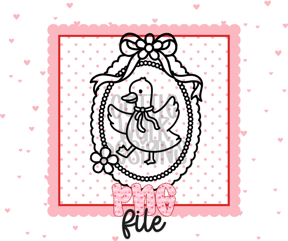 Goose Oval Frame Valentine PNG – Bow & Pearl Stamp Style Goose Design | Black & White Digital Download