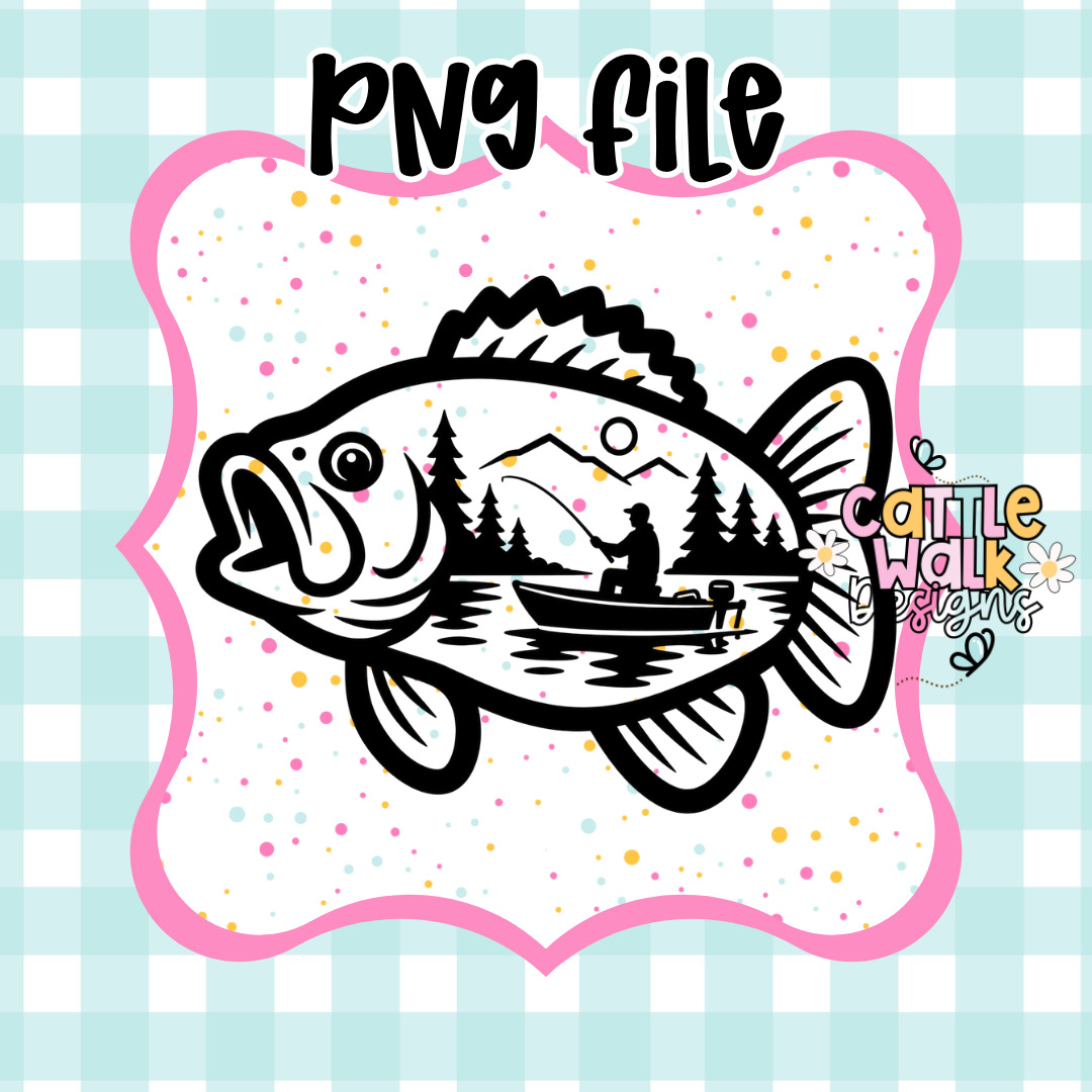 Bass Fishing PNG | Fisherman Lake Scene Sublimation Design