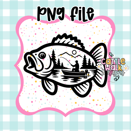 Bass Fishing PNG | Fisherman Lake Scene Sublimation Design