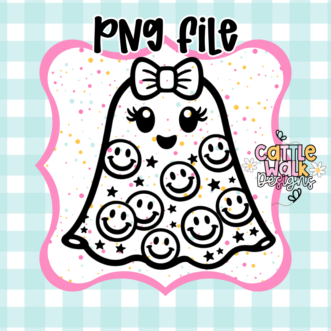 Smiley Face Ghost PNG with Bow | Cute Halloween Ghost PNG | Thick Bold Outline | Mold Maker Friendly | Digital Download (No STL Resale)