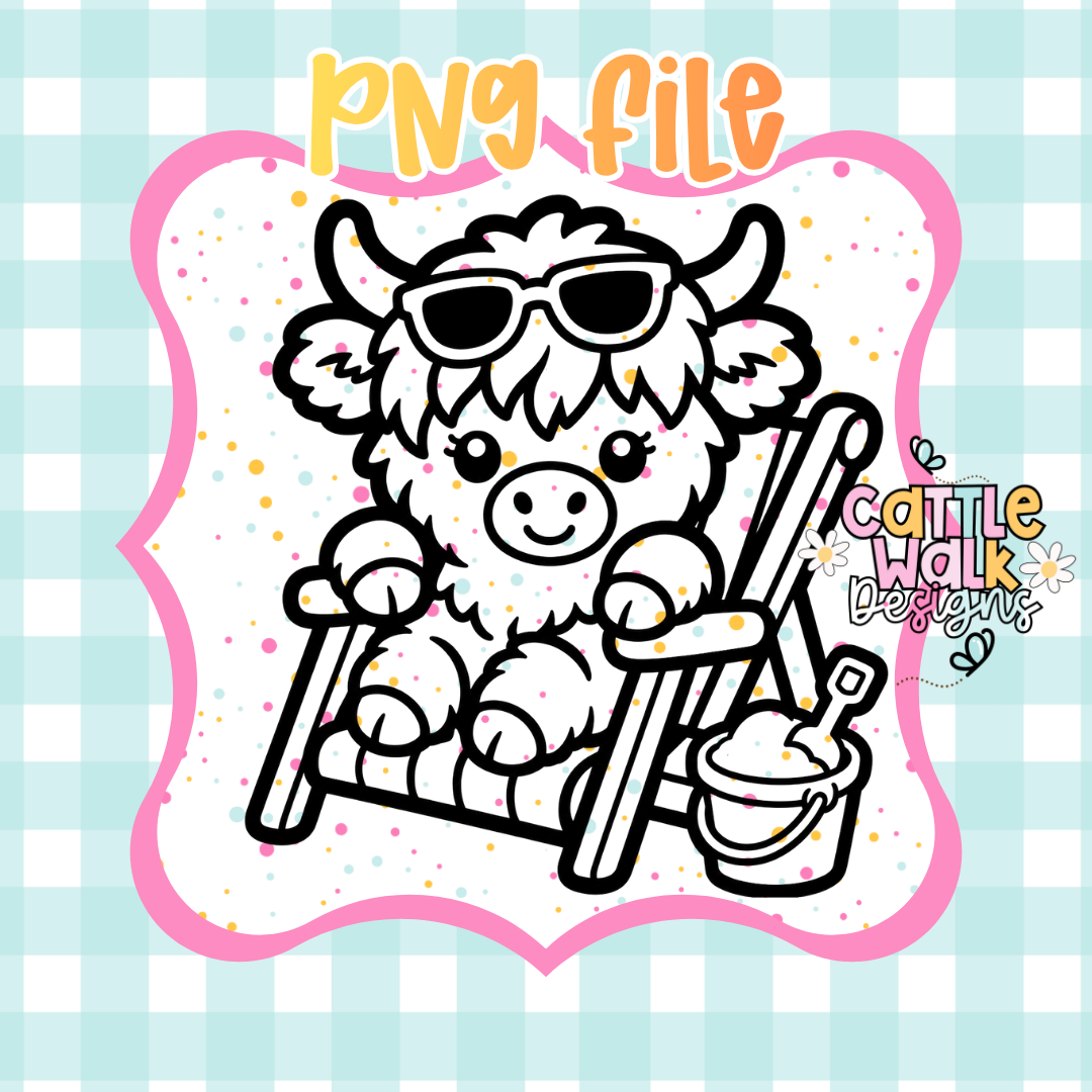 Beach Day Highland Cow PNG | Summer Highland Cow Digital Download | Cute Beach Cow Sublimation Design