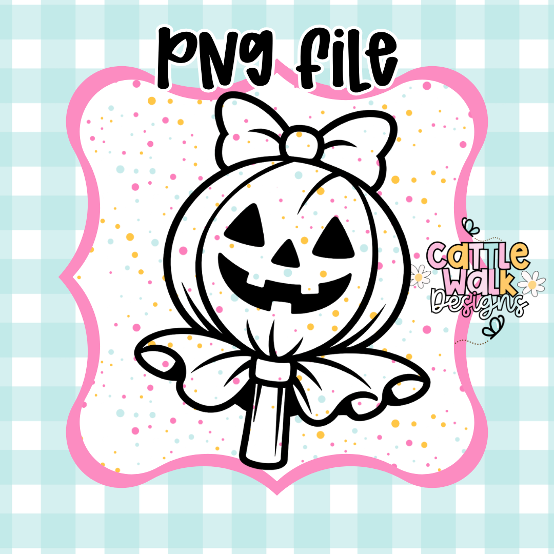 Pumpkin Lollipop PNG | Cute Halloween Pumpkin Bow Design | Kawaii Jack O Lantern PNG | Spooky Cute PNG | Freshie Mold PNG | Bold Outline CWD Style