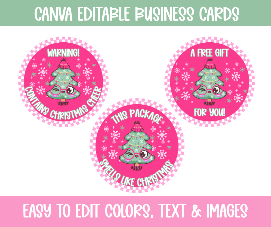 Merry Merry Merry Christmas Editable Business Card Template – Pink Retro Holiday Theme