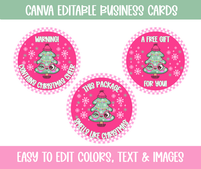 Merry Merry Merry Christmas Editable Business Card Template – Pink Retro Holiday Theme
