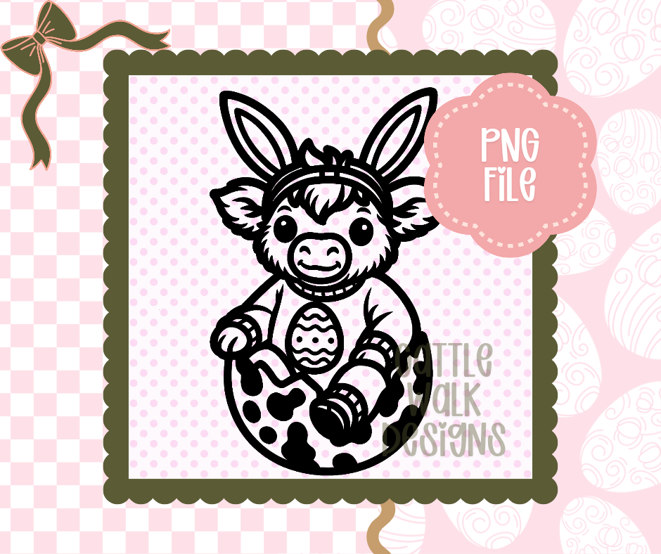 Easter Egg Highland Cow PNG – Cute Bunny Ear Highland in Egg – Spring Freshie Design – Cattle Walk Designs
