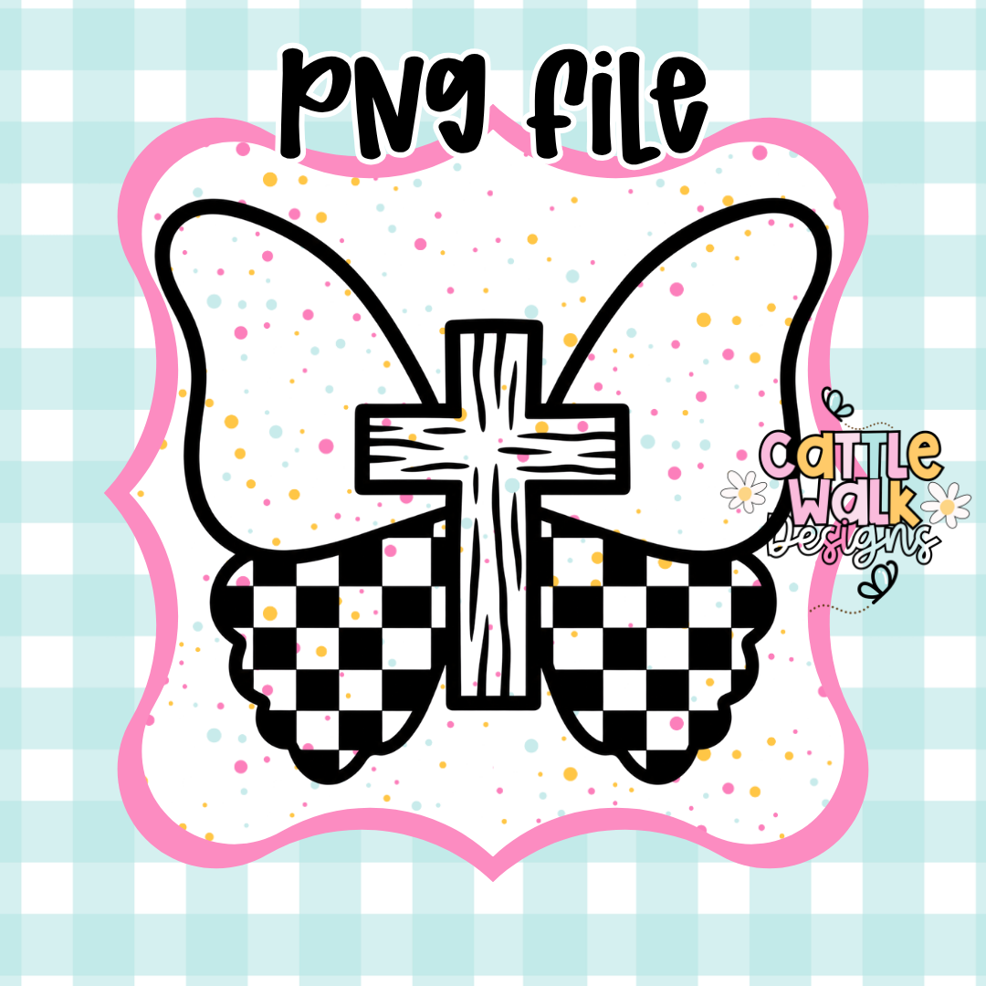 Cross Butterfly PNG | Faith Butterfly Checkered Wings | CWD-Style Thick Bold Outline | Christian Freshie Design | Mold Friendly