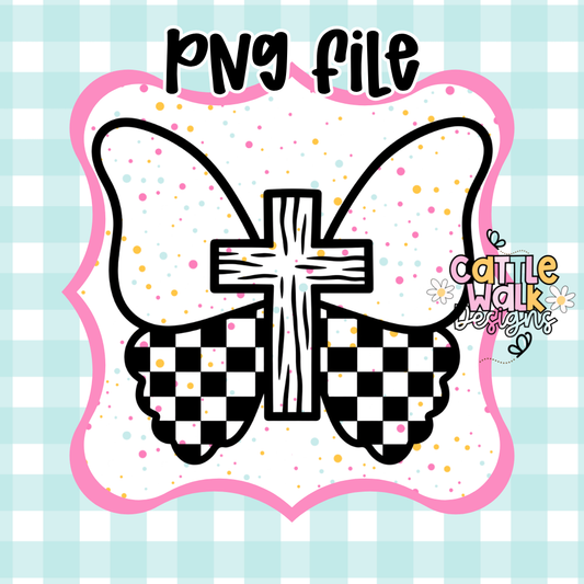 Cross Butterfly PNG | Faith Butterfly Checkered Wings | CWD-Style Thick Bold Outline | Christian Freshie Design | Mold Friendly