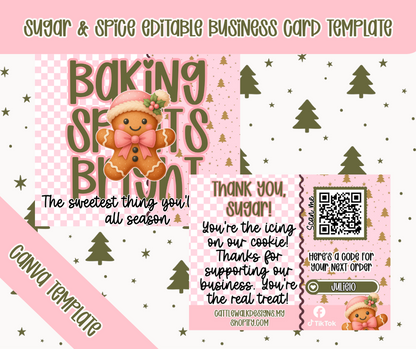Sugar & Spice Editable Business Card Template + 6 Sweet Packaging Stickers | Gingerbread Canva Thank You Card for Small Businesses