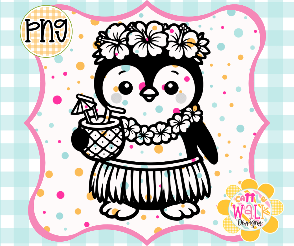 Hula Penguin PNG | Tropical Summer Luau Design | Bold Outline Freshie Digital Download