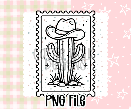 Cowboy Cactus Stamp Outline – Chunky Bold Western Freshie PNG