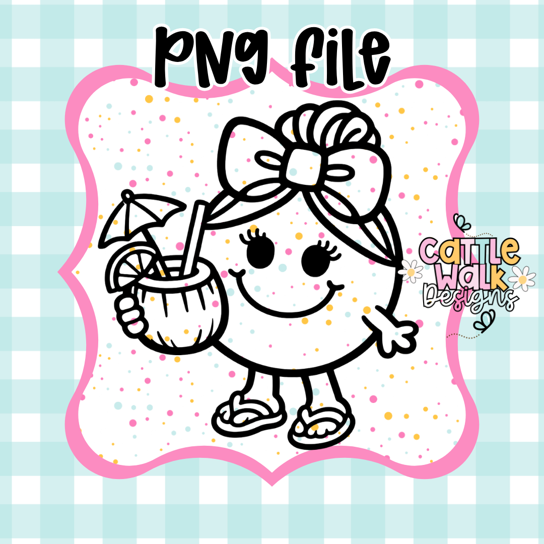 Little Miss Tropical Vibes PNG | Summer Beach Girl PNG | Coconut Drink Kawaii Character | Freshie & Sublimation Design
