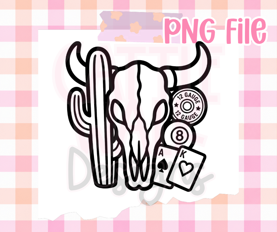 Western Bull Skull PNG | Cactus & Playing Cards PNG
