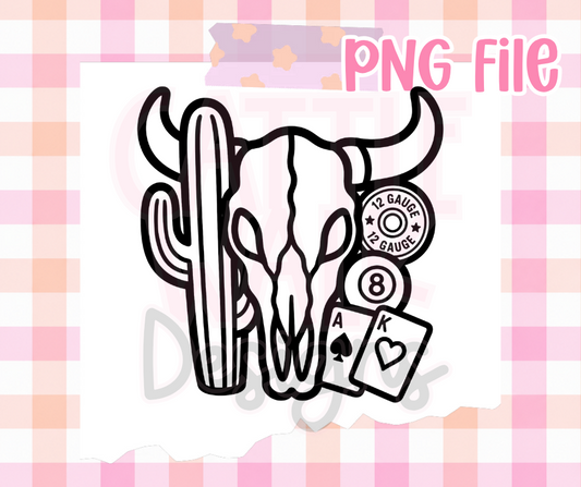 Western Bull Skull PNG | Cactus & Playing Cards PNG