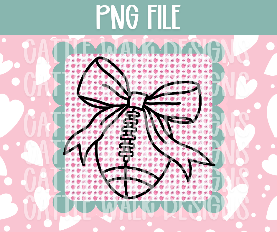Girly Football with Bow PNG – Coquette Football Clipart, Pink Heart Background, Retro Game Day Sublimation Design for Freshies, Shirts & Crafts