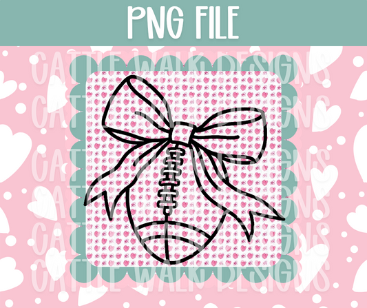 Girly Football with Bow PNG – Coquette Football Clipart, Pink Heart Background, Retro Game Day Sublimation Design for Freshies, Shirts & Crafts