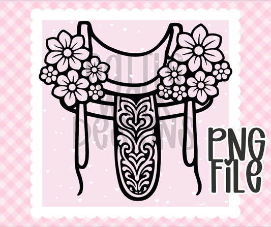 Floral Western Saddle PNG | Tooled Saddle Design | Bold Black & White Outline | Freshie & Craft PNG