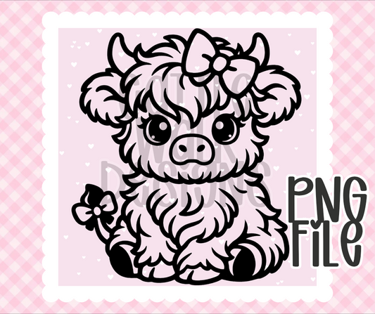 Cute Highland Cow PNG with Bow | Girly Cow Design | Bold Black & White Outline | Freshie & Craft PNG