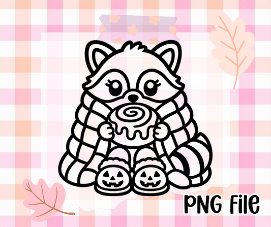 Cozy Raccoon with Cinnamon Roll PNG | Thick Black & White Outline | Freshie Mold Friendly | Digital Download