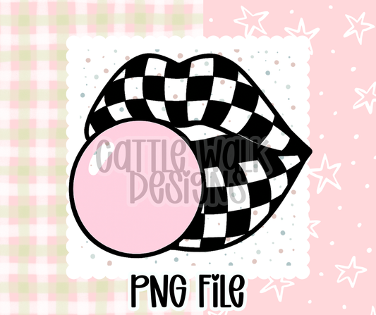 Checkered Bubblegum Lips Outline – Chunky Bold Freshie PNG