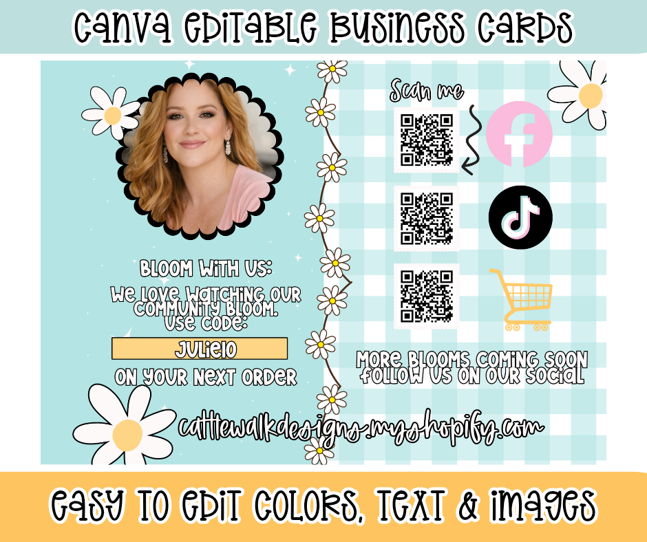 Editable Canva Business Card Template – Bloom With Us Thank You Insert | QR Code, Discount Code & Social Media Card | Small Business Marketing Template