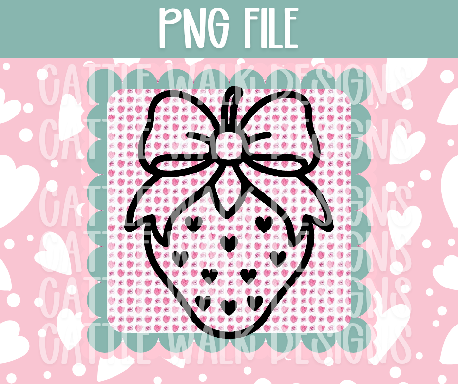 Strawberry with Bow Outline PNG – Black & White Strawberry Clipart, Cute Fruit Line Art PNG for Sublimation, Coloring, Freshies, or Laser Cutting