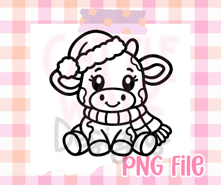 Christmas Cow PNG | Cute Cow with Santa Hat & Scarf Holiday Digital Design