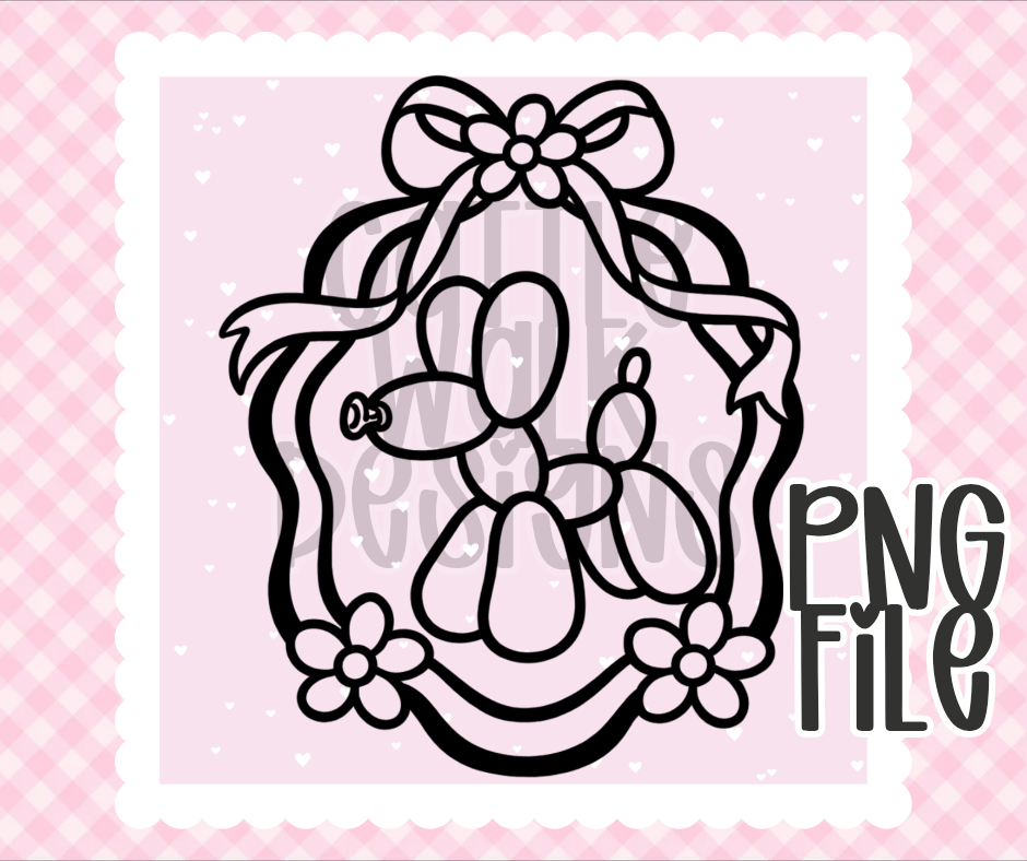 Coquette Balloon Dog PNG Frame | Cute Bow Frame Design | Bold Black & White Outline | Freshie & Craft PNG